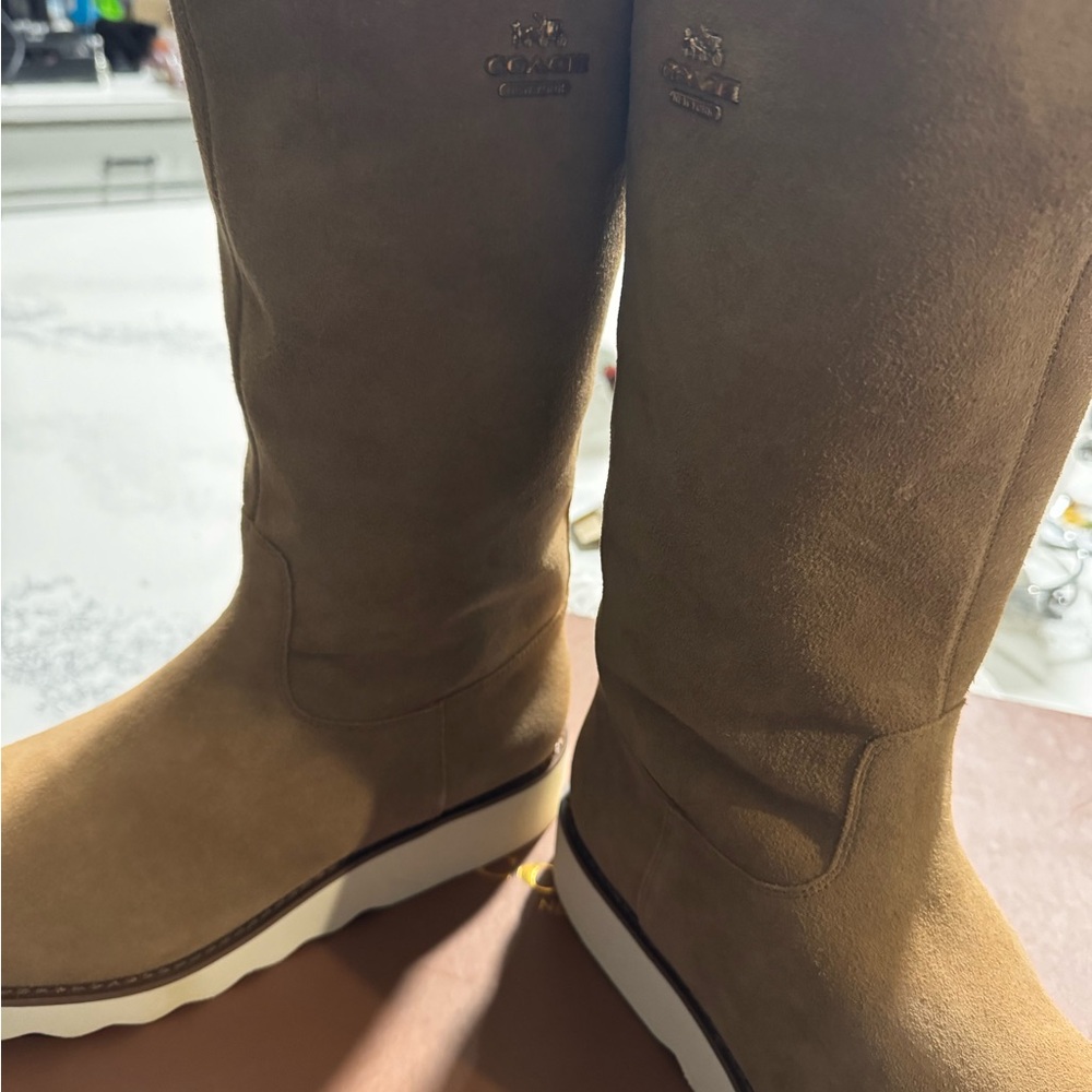 COACH Tan Suede Wedge Mid-Calf Boots
